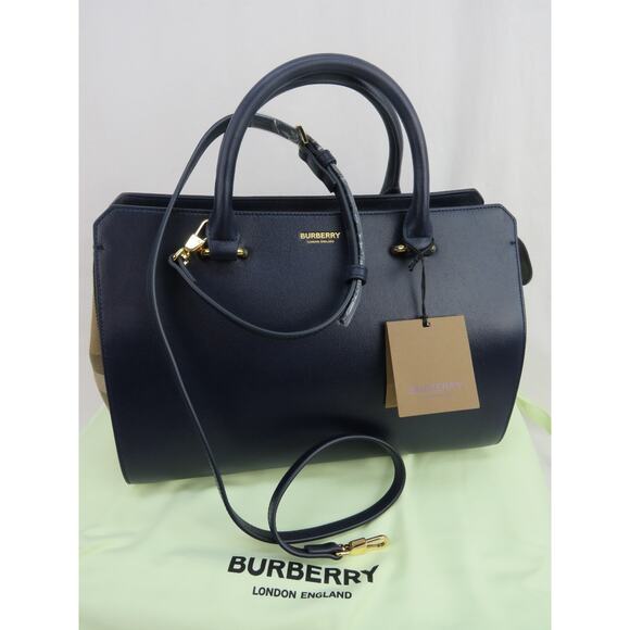 NWT BURBERRY BANWELL DARK BLUE LEATHER CHECK CANVAS SM SHOULDER TOTE BAG $ 1950 - Picture 8 of 13